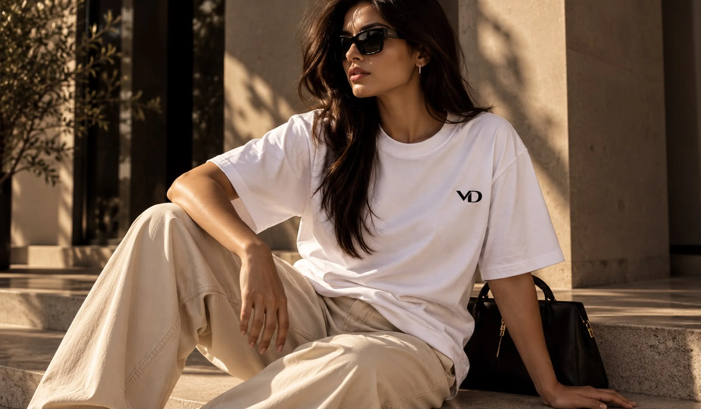 Modelo con polo oversize crema VIDO